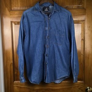 Vtg I Am Denim Button Down Shirt Medium Blue Toggle Front Cotton Coastal Grandma